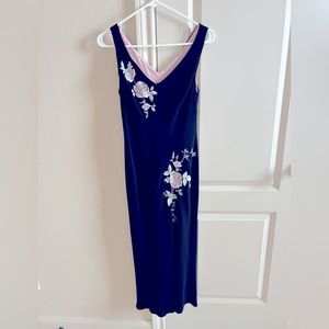 S.L. Fashions ladies long black dress with pink embroidered rose accents